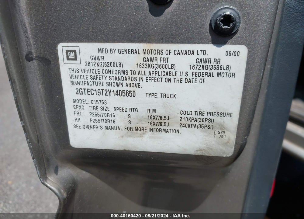 2000 GMC SIERRA 1500 SLE VIN: 2GTEC19T2Y1405650