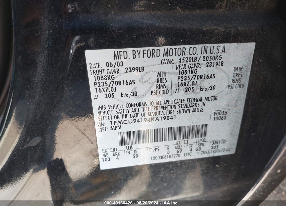 2004 FORD ESCAPE LIMITED VIN: 1FMCU94194KA19841