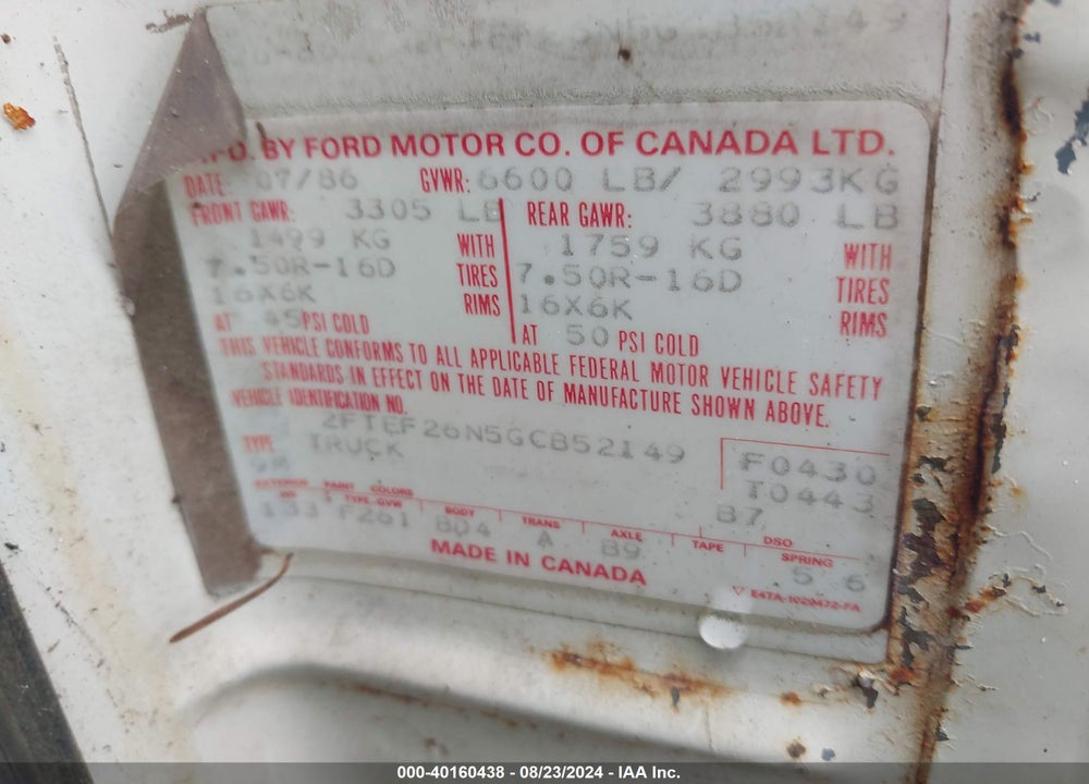 1986 FORD F250 VIN: 2FTEF26N5GCB52149