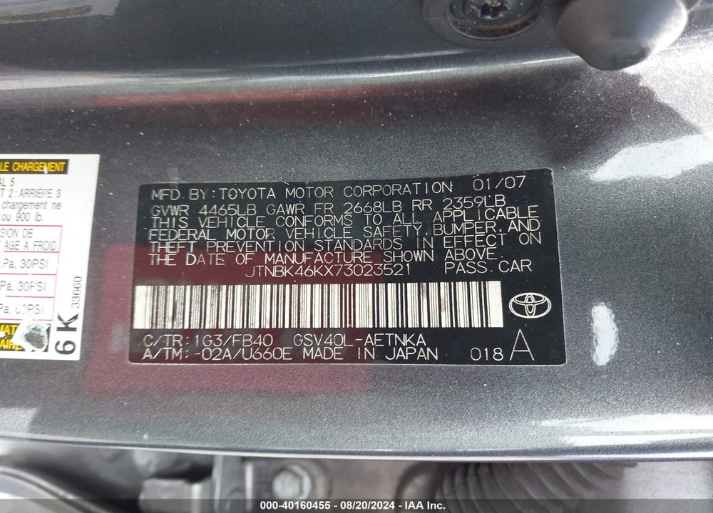 2007 TOYOTA CAMRY LE V6 VIN: JTNBK46KX73023521