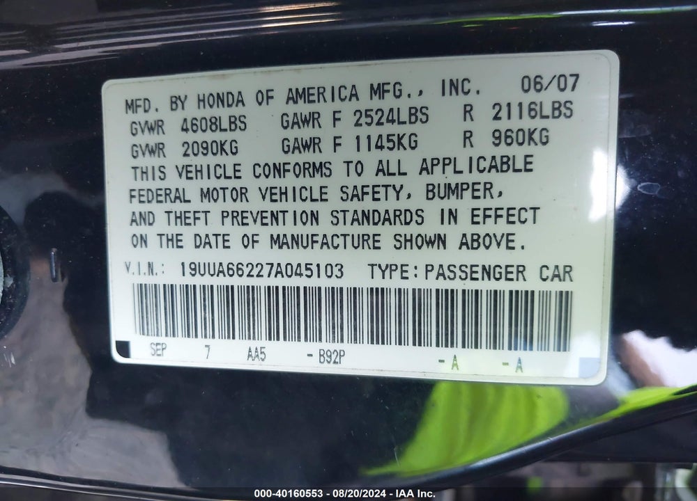 2007 ACURA TL VIN: 19UUA66227A045103