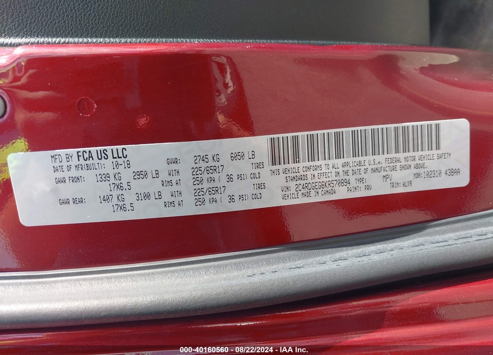 2019 DODGE GRAND CARAVAN GT VIN: 2C4RDGEG6KR570894