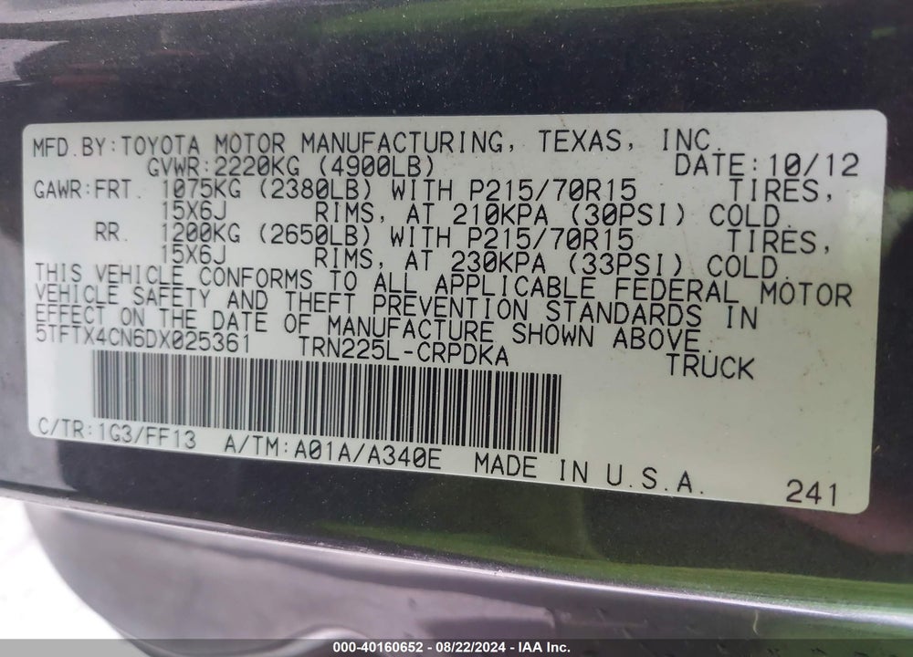 2013 TOYOTA TACOMA VIN: 5TFTX4CN6DX025361