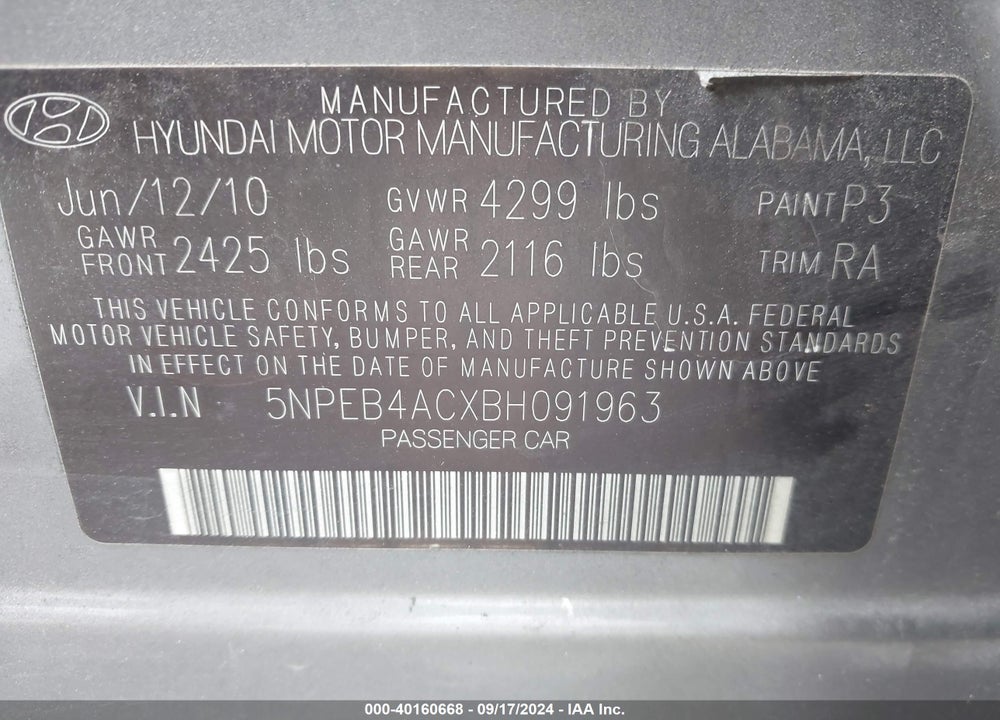 2011 HYUNDAI SONATA GLS VIN: 5NPEB4ACXBH091963