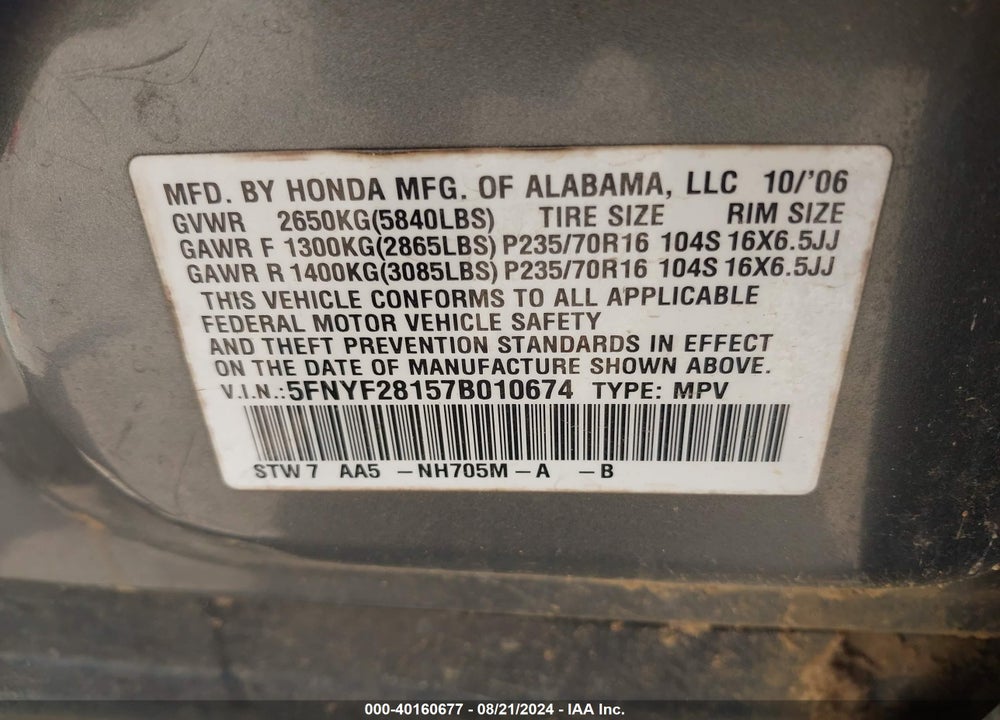 2007 HONDA PILOT LX VIN: 5FNYF28157B010674
