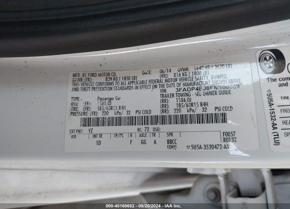 2015 FORD FIESTA SE VIN: 3FADP4EJ8FM108089