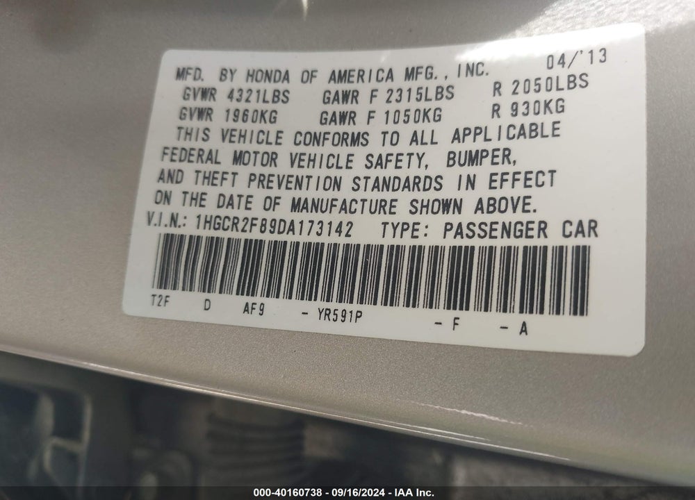 2013 HONDA ACCORD EX-L VIN: 1HGCR2F89DA173142