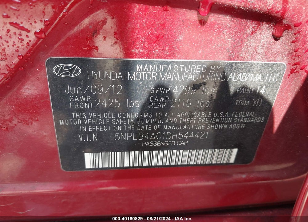 2013 HYUNDAI SONATA GLS VIN: 5NPEB4AC1DH544421