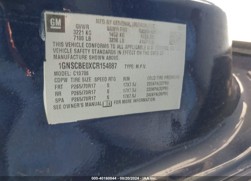 2012 CHEVROLET TAHOE LT VIN: 1GNSCBE0XCR154887