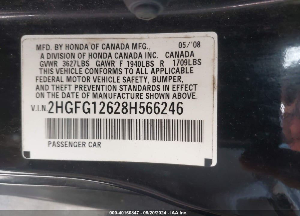 2008 HONDA CIVIC LX VIN: 2HGFG12628H566246