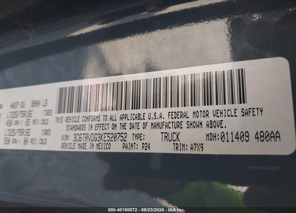 2019 RAM PROMASTER 2500 HIGH ROOF 159 WB VIN: 3C6TRVDG3KE520752