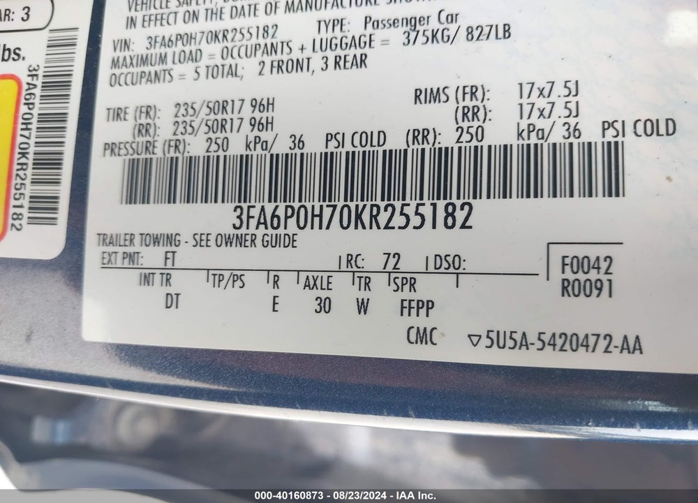 2019 FORD FUSION SE VIN: 3FA6P0H70KR255182
