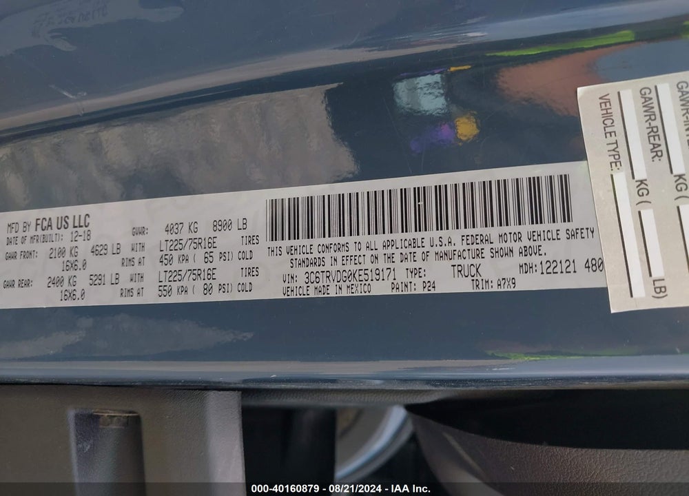 2019 RAM PROMASTER 2500 HIGH ROOF 159 WB VIN: 3C6TRVDG0KE519171