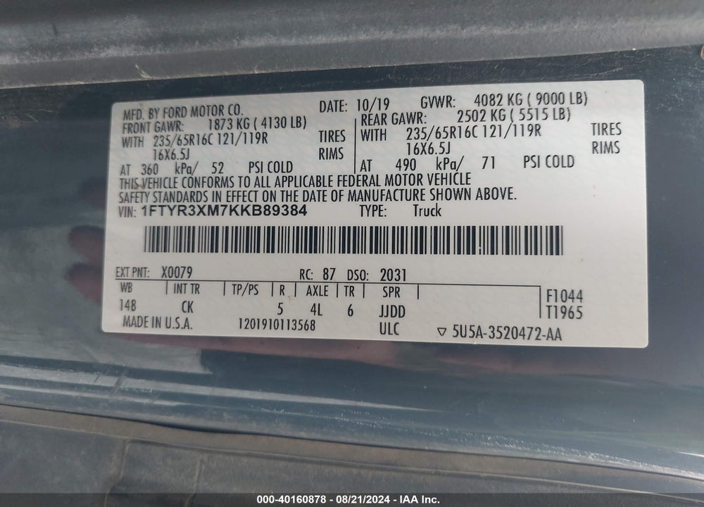 2019 FORD TRANSIT-250 VIN: 1FTYR3XM7KKB89384