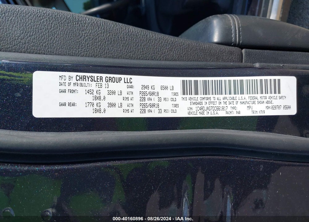 2013 DODGE DURANGO SXT VIN: 1C4RDJAG7DC661817