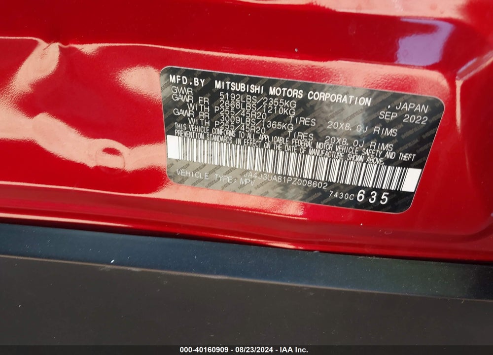 2023 MITSUBISHI OUTLANDER SE 2.5 2WD/SE BLACK EDITION 2WD/SE SPECIAL EDITION 2WD VIN: JA4J3UA81PZ008602