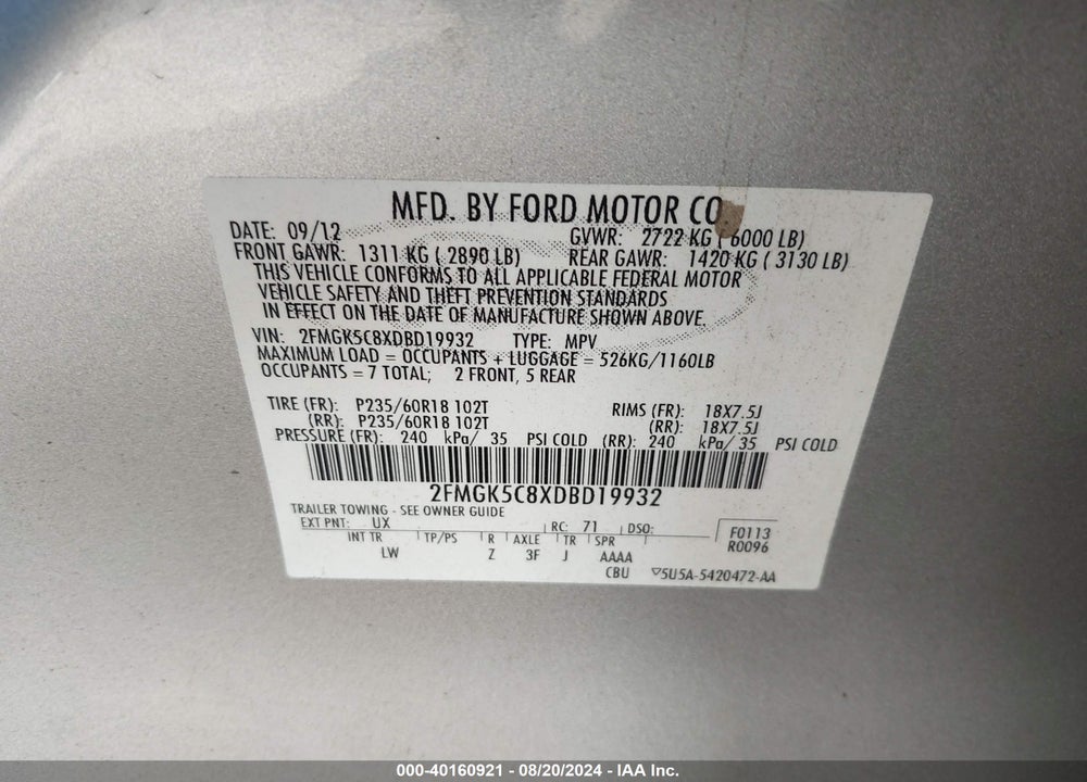2013 FORD FLEX SEL VIN: 2FMGK5C8XDBD19932