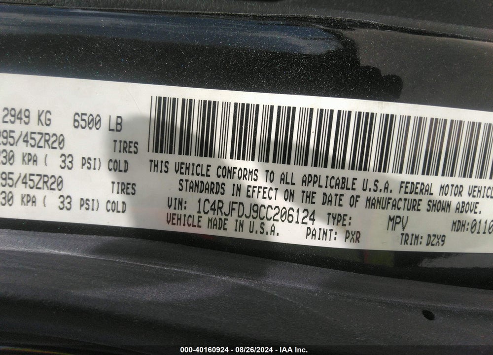 2012 JEEP GRAND CHEROKEE SRT8 VIN: 1C4RJFDJ9CC206124
