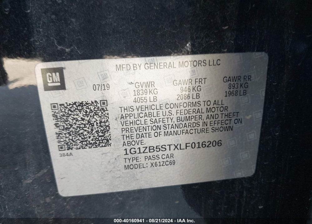 2020 CHEVROLET MALIBU FWD LS VIN: 1G1ZB5STXLF016206