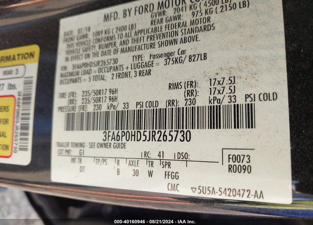 2018 FORD FUSION SE VIN: 3FA6P0HD5JR265730