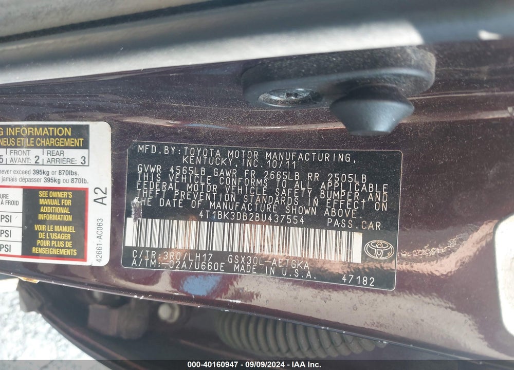 2011 TOYOTA AVALON VIN: 4T1BK3DB2BU437554