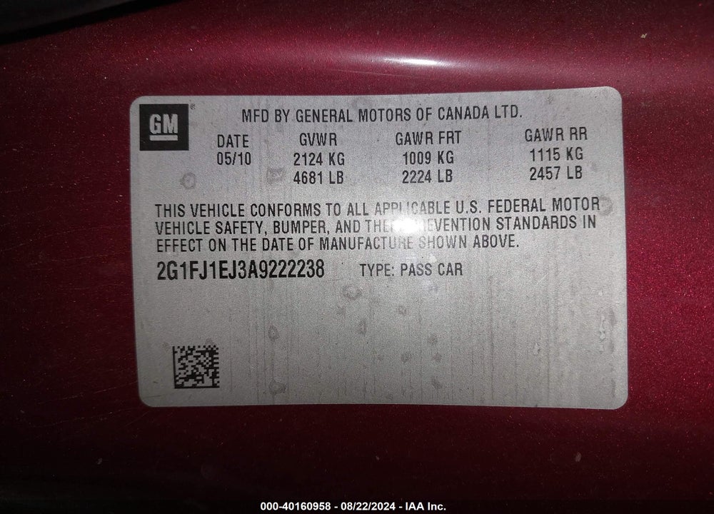 2010 CHEVROLET CAMARO 1SS VIN: 2G1FJ1EJ3A9222238