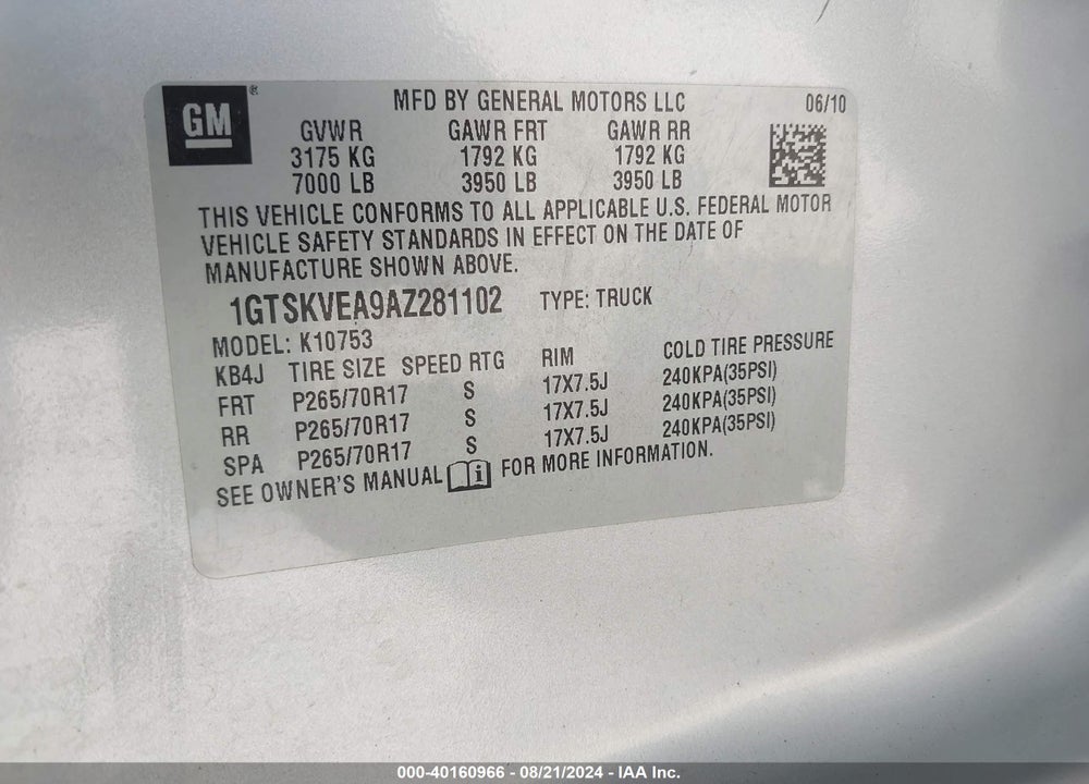 2010 GMC SIERRA 1500 SLE VIN: 1GTSKVEA9AZ281102