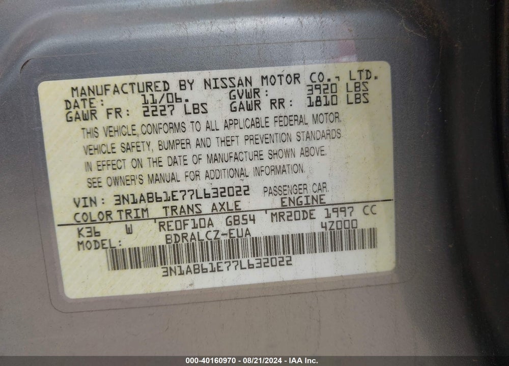 2007 NISSAN SENTRA 2.0 VIN: 3N1AB61E77L632022