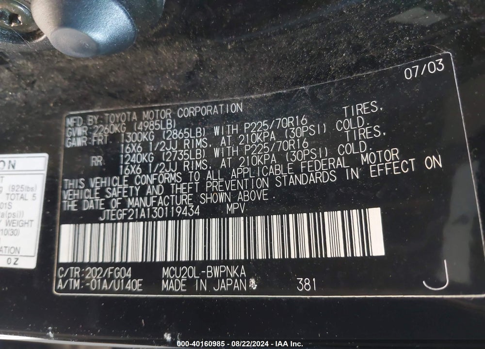 2003 TOYOTA HIGHLANDER V6 VIN: JTEGF21A130119434