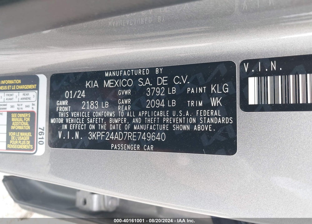 2024 KIA FORTE LXS VIN: 3KPF24AD7RE749640