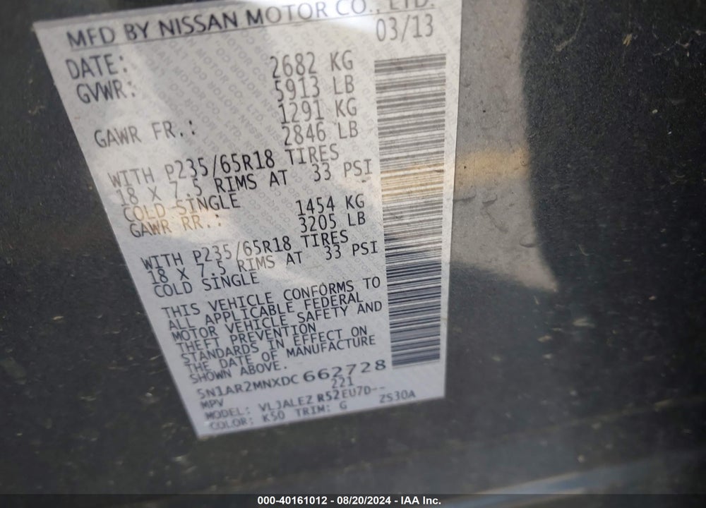 2013 NISSAN PATHFINDER SV VIN: 5N1AR2MNXDC662728