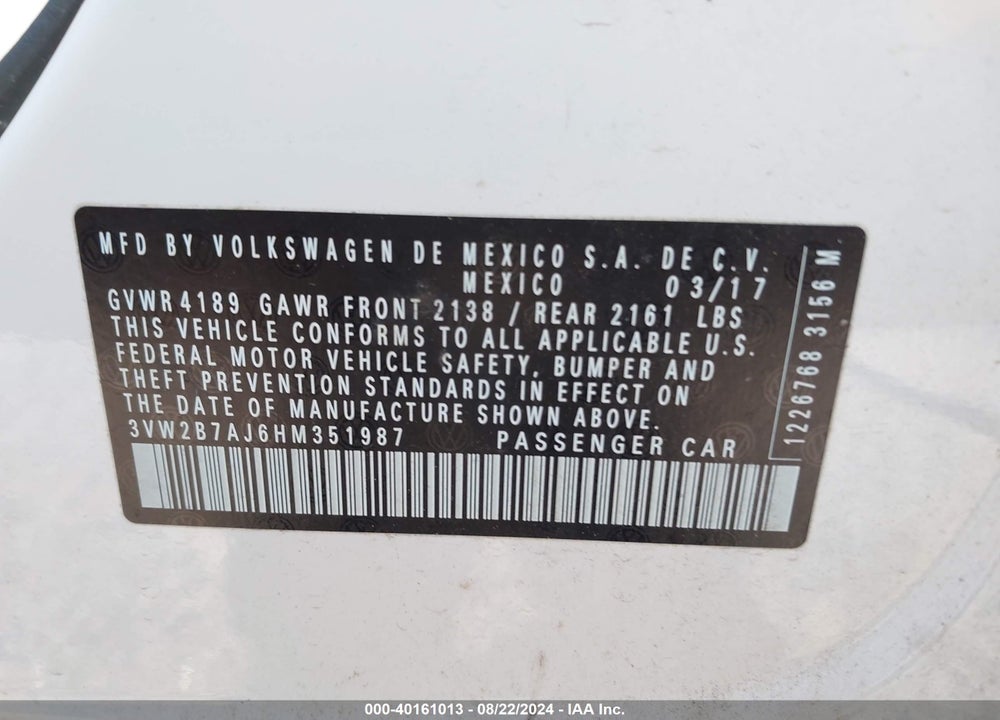 2017 VOLKSWAGEN JETTA 1.4T S VIN: 3VW2B7AJ6HM351987