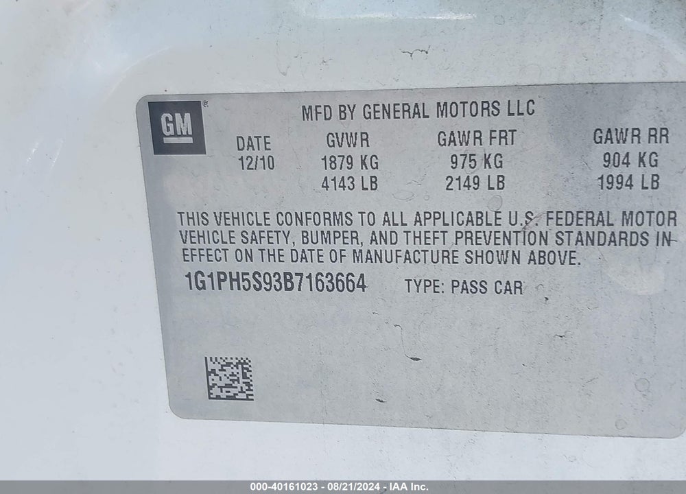 2011 CHEVROLET CRUZE VIN: 1G1PH5S93B7163664