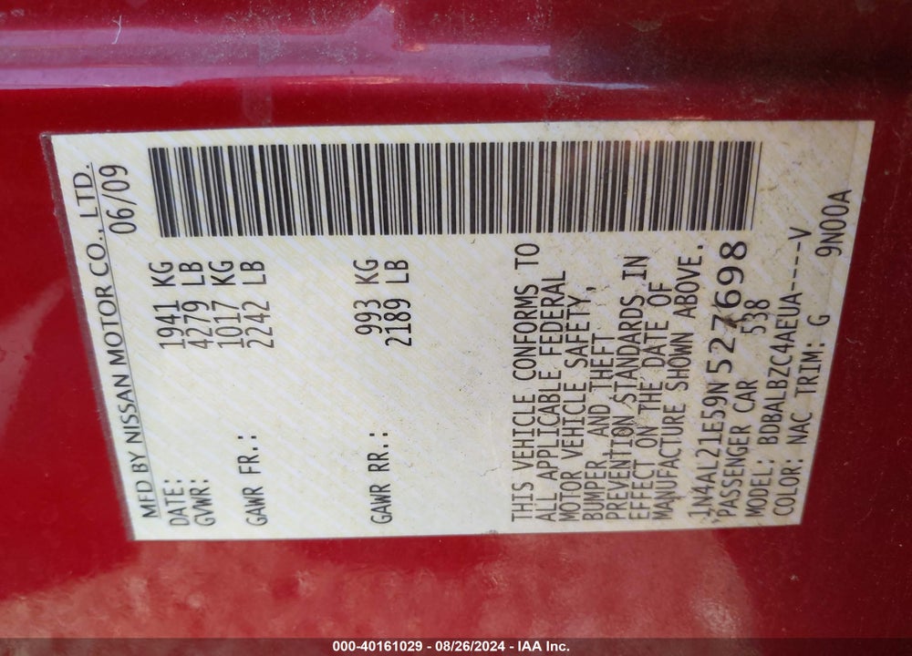 2009 NISSAN ALTIMA VIN: 1N4AL21E59N527698