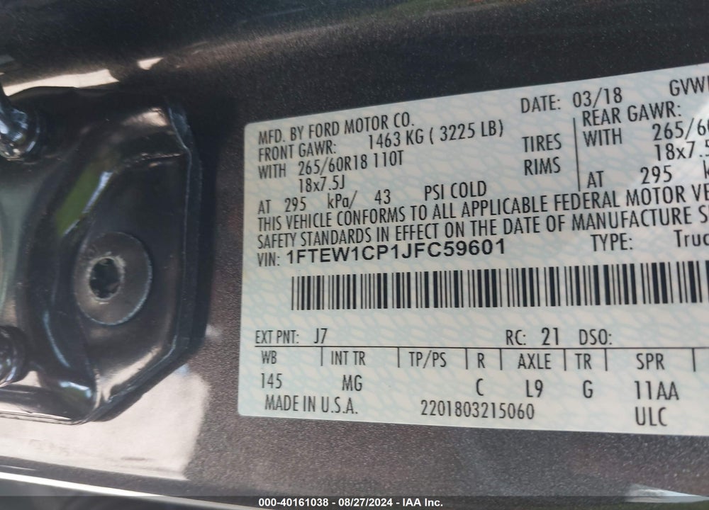 2018 FORD F-150 XLT VIN: 1FTEW1CP1JFC59601