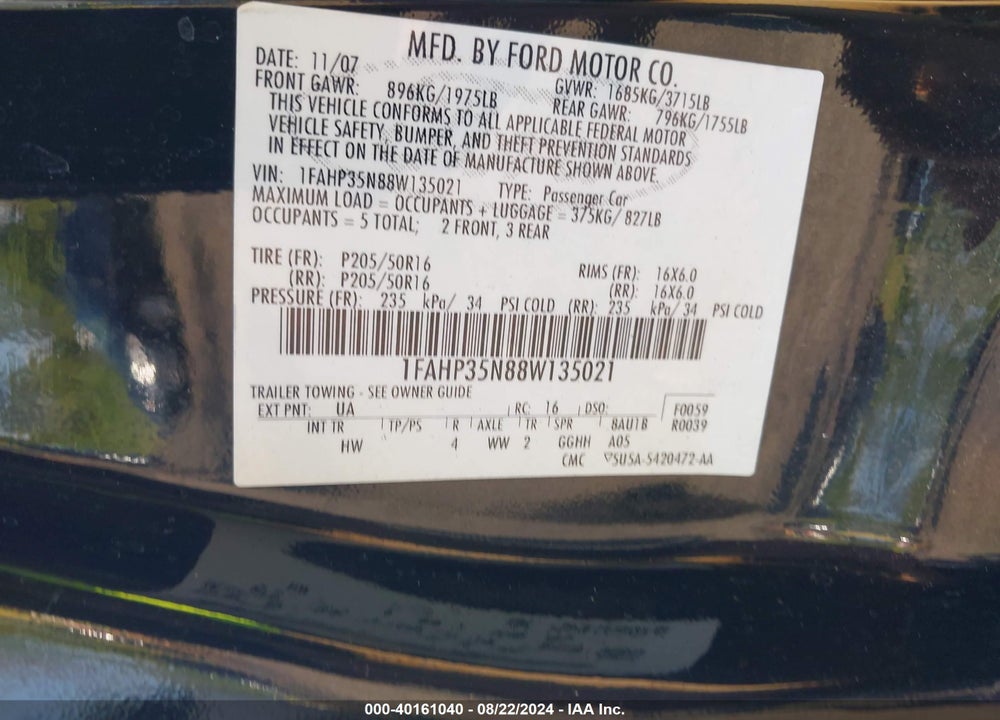 2008 FORD FOCUS SE/SES VIN: 1FAHP35N88W135021