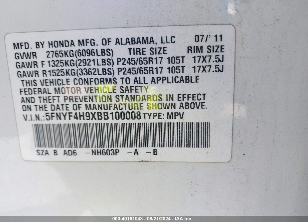 2011 HONDA PILOT TOURING VIN: 5FNYF4H9XBB100008
