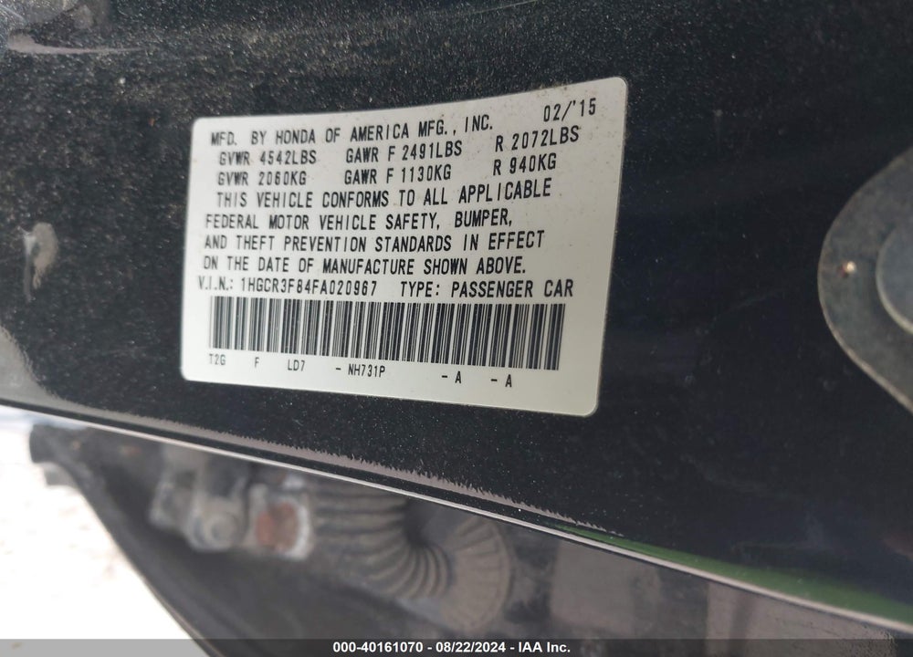 2015 HONDA ACCORD EX-L V-6 VIN: 1HGCR3F84FA020967