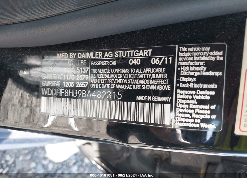 2011 MERCEDES-BENZ E 350 4MATIC VIN: WDDHF8HB9BA482315