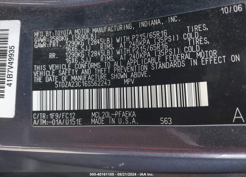 2006 TOYOTA SIENNA LE VIN: 5TDZA23C16S562243