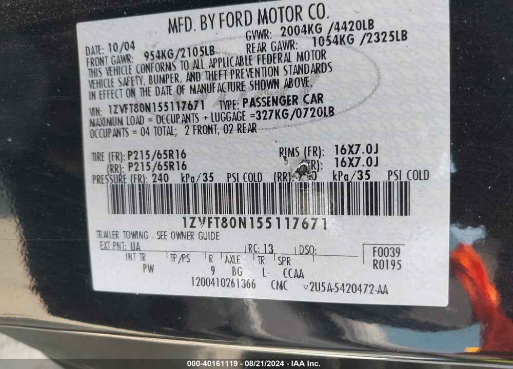 2005 FORD MUSTANG V6 DELUXE/V6 PREMIUM VIN: 1ZVFT80N155117671