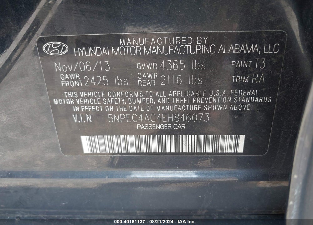 2014 HYUNDAI SONATA SE VIN: 5NPEC4AC4EH846073