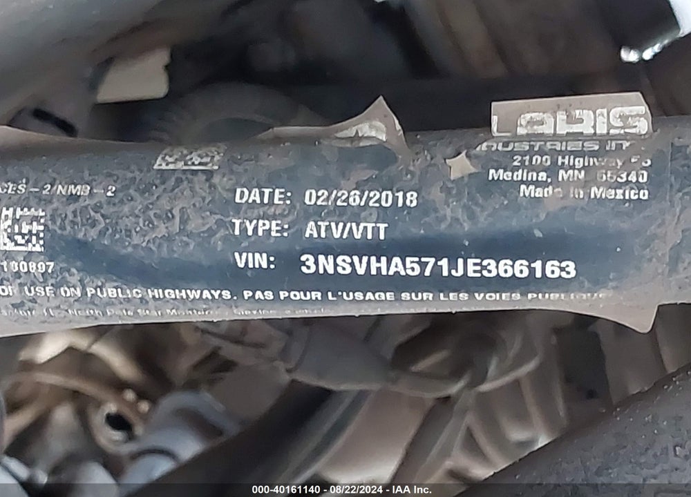 2018 POLARIS RZR 570 VIN: 3NSVHA571JE366163