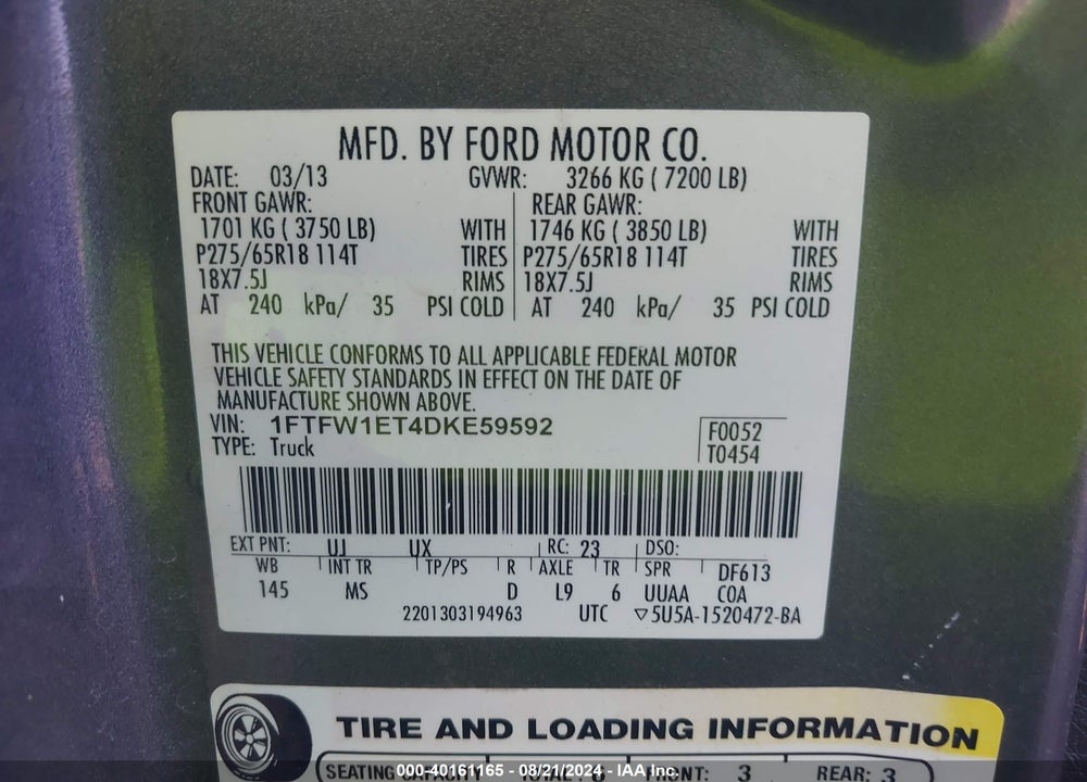 2013 FORD F-150 XLT VIN: 1FTFW1ET4DKE59592