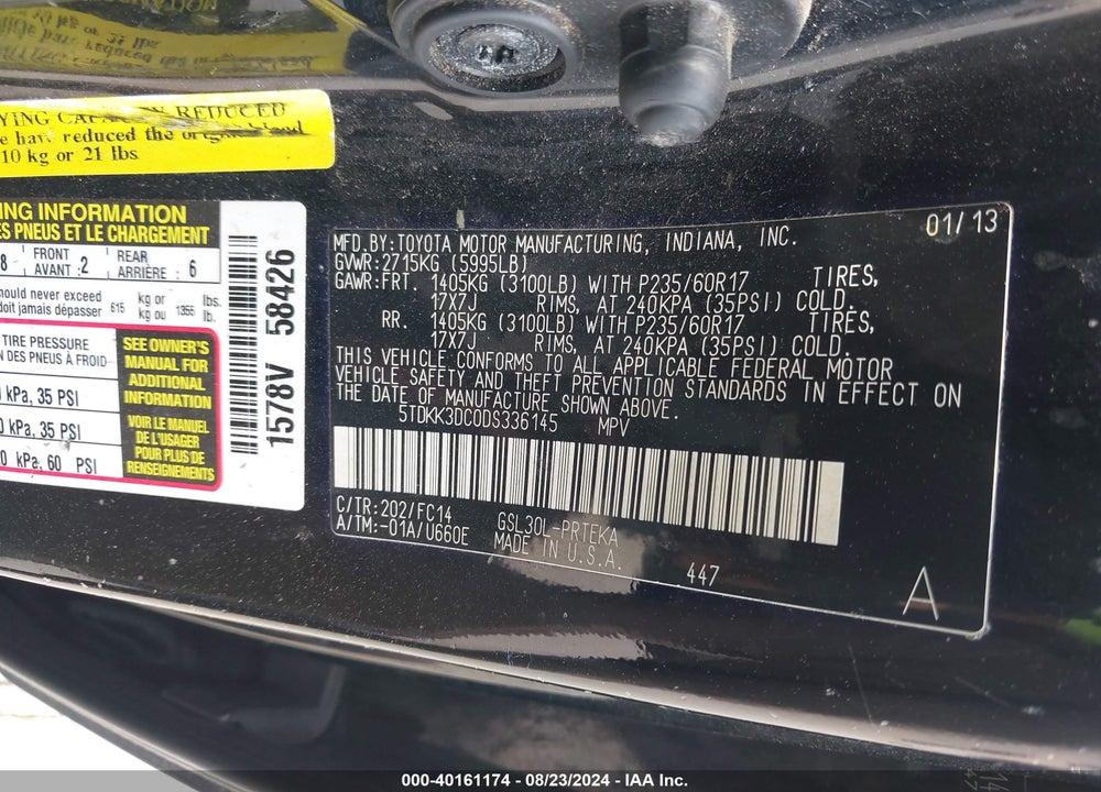 2013 TOYOTA SIENNA LE V6 8 PASSENGER VIN: 5TDKK3DC0DS336145