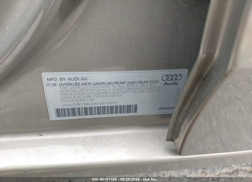 2009 AUDI A4 2.0T PREMIUM VIN: WAUMF78K09A081603