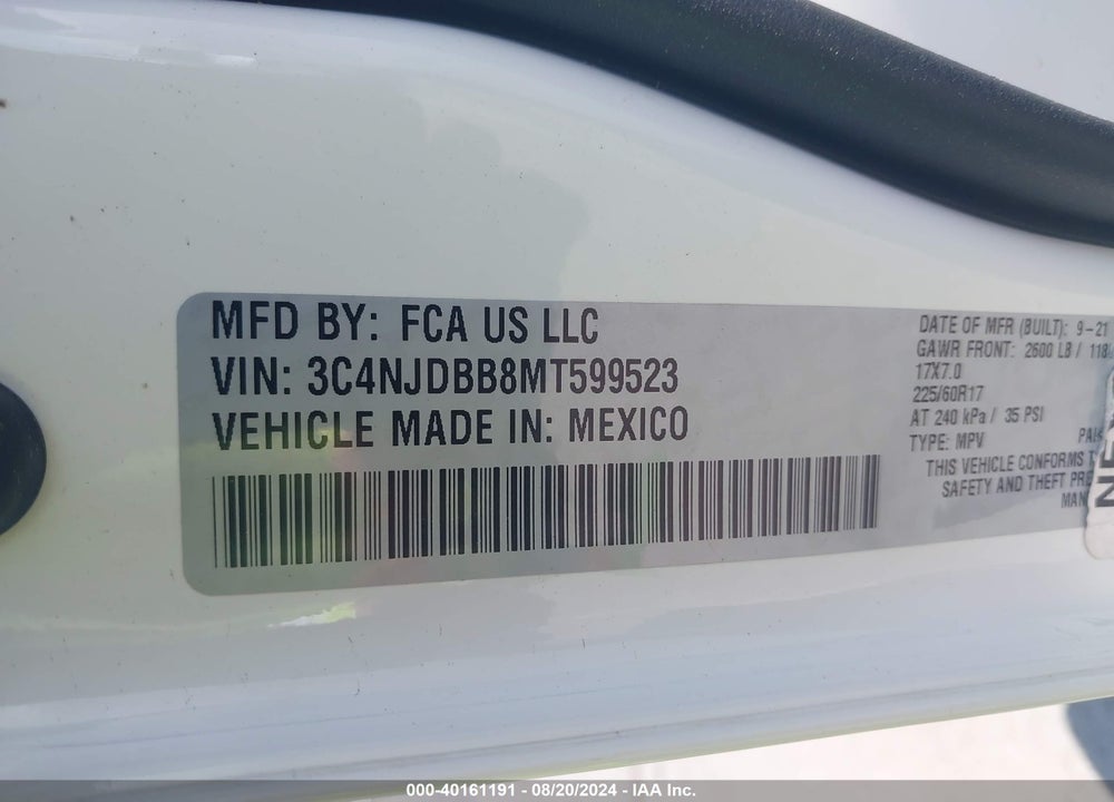2021 JEEP COMPASS LATITUDE 4X4 VIN: 3C4NJDBB8MT599523