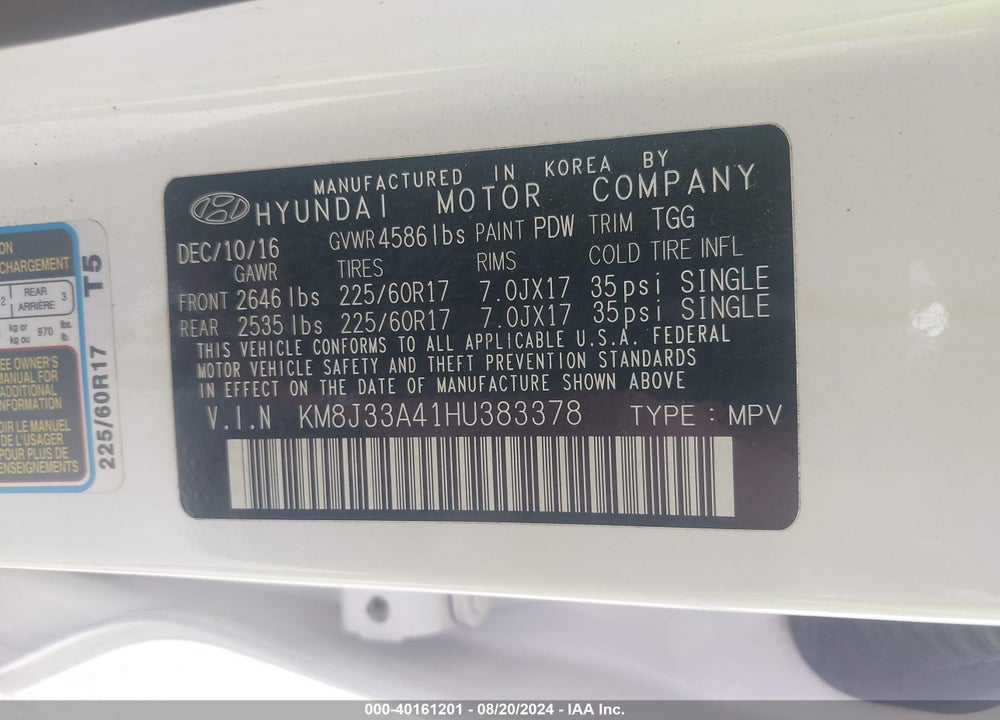 2017 HYUNDAI TUCSON SE VIN: KM8J33A41HU383378