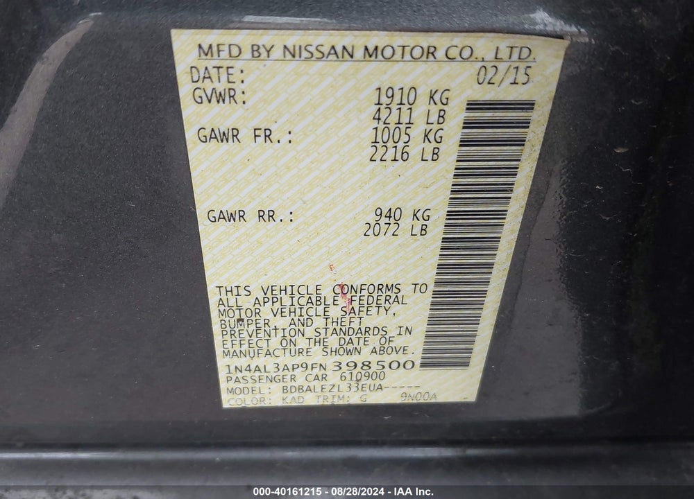 2015 NISSAN ALTIMA 2.5/2.5 S/2.5 SL/2.5 SV VIN: 1N4AL3AP9FN398500