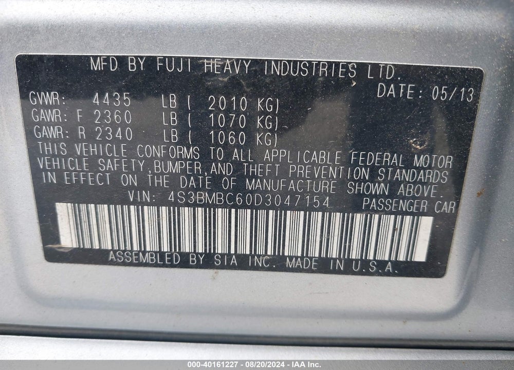 2013 SUBARU LEGACY 2.5I PREMIUM VIN: 4S3BMBC60D3047154